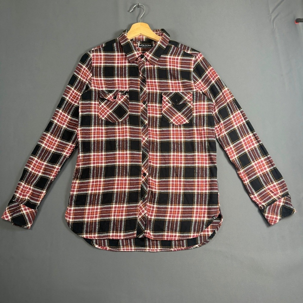 Volcom Mens Plaid Flannel Shirt Long Sleeve Red Black Cotton Size S